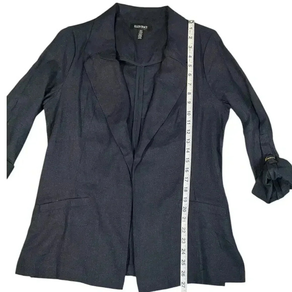 Ellen Tracy Open Front Linen Blend Blazer Size Medium Navy Blue Gold Ring - Picture 12 of 12
